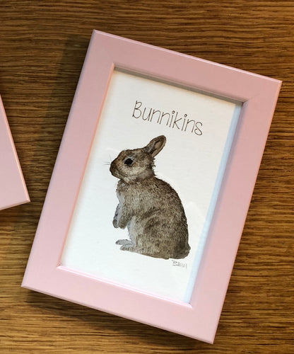 Childrens framed prints - Bunnikins, pink frame