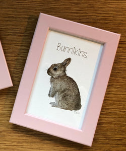 Childrens framed prints - Bunnikins, pink frame