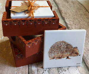 Ceramic Coasters in Hand Painted Box - Hedghog