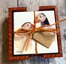 Load image into Gallery viewer, Ceramic Coasters in Handpainted box - Puffins