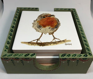 Ceramic Coasters in Handpainted box - Robin